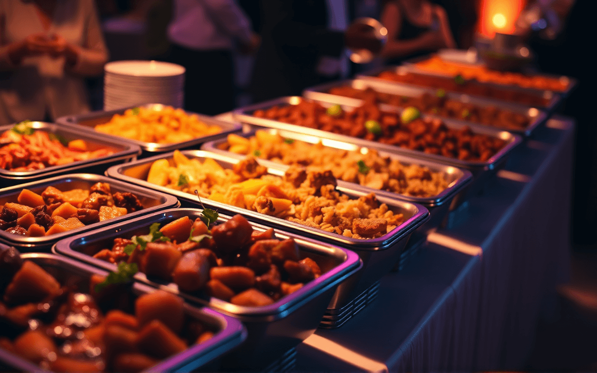 A catered spread of Latin American dishes in serving trays