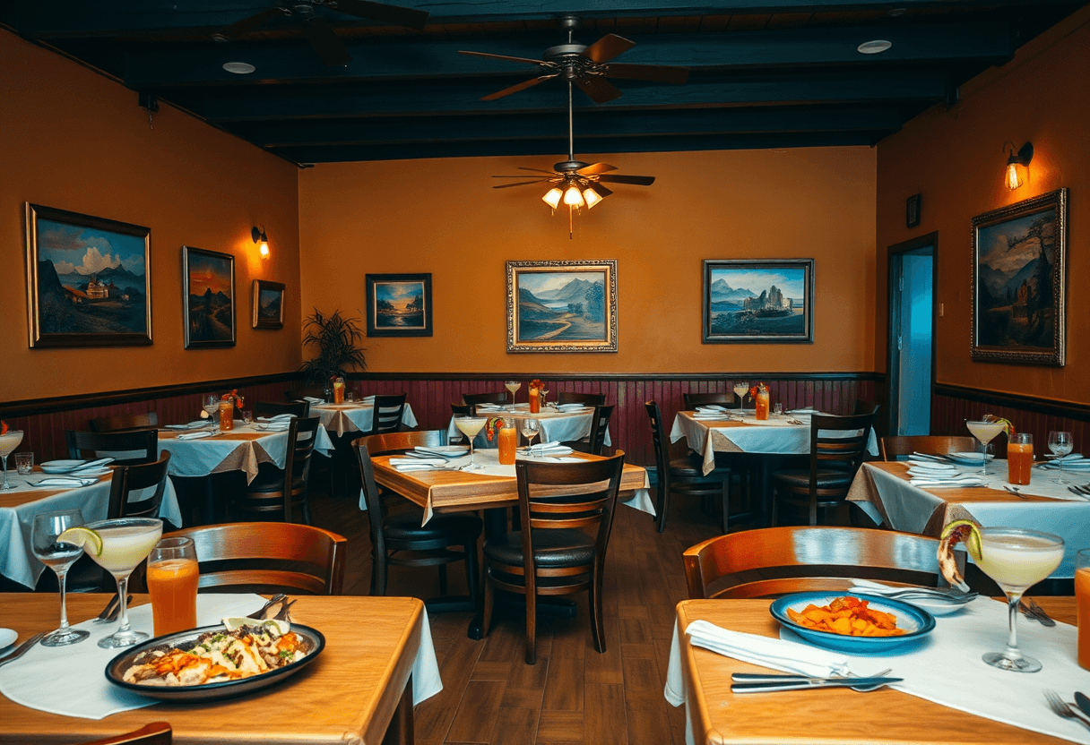 Warmly lit Latin restaurant dining room with set tables, colorful plates and margaritas